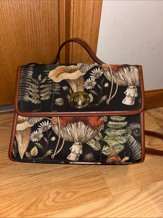Sense forest Handbags - Floral Mushroom Print Crossbody Satchel - Brown Trim